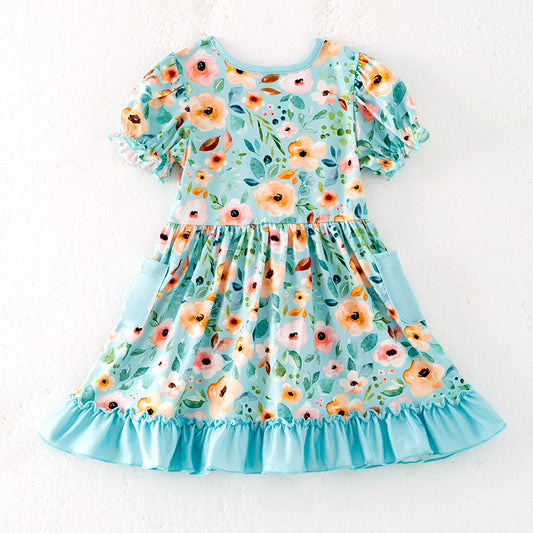 Girls Summer Blue Floral Pocket Short Sleeves Dress