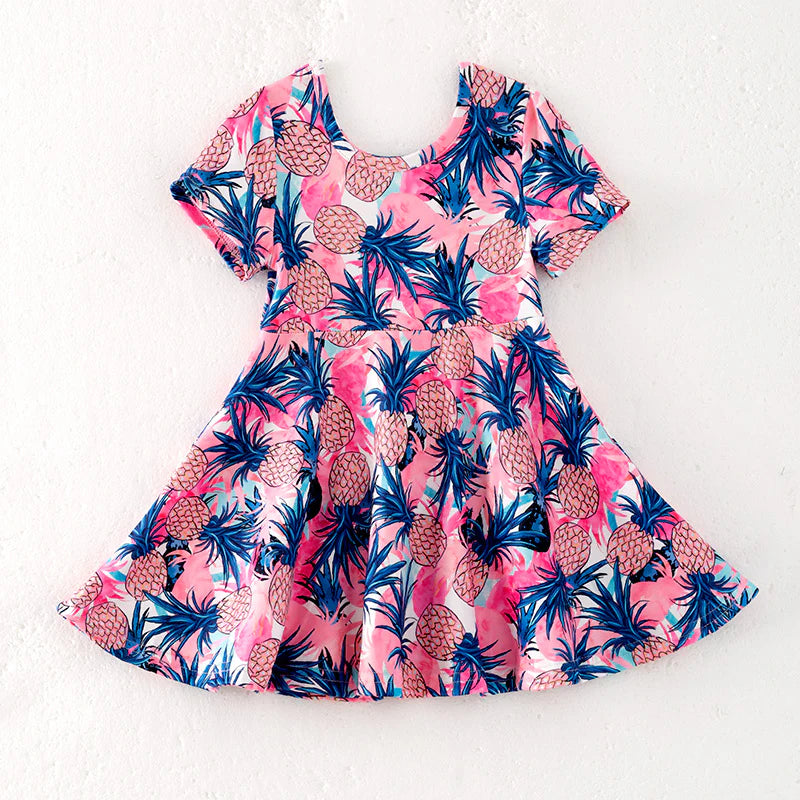 Girls Summer Pink Blue Pineapple Print Milk Silk Dress