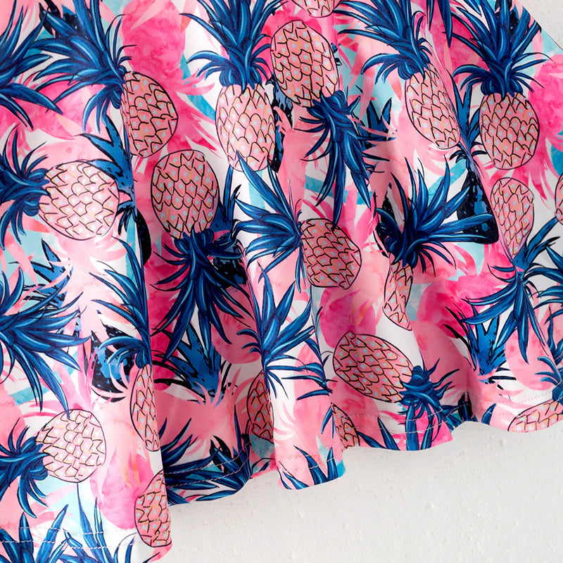 Girls Summer Pink Blue Pineapple Print Milk Silk Dress