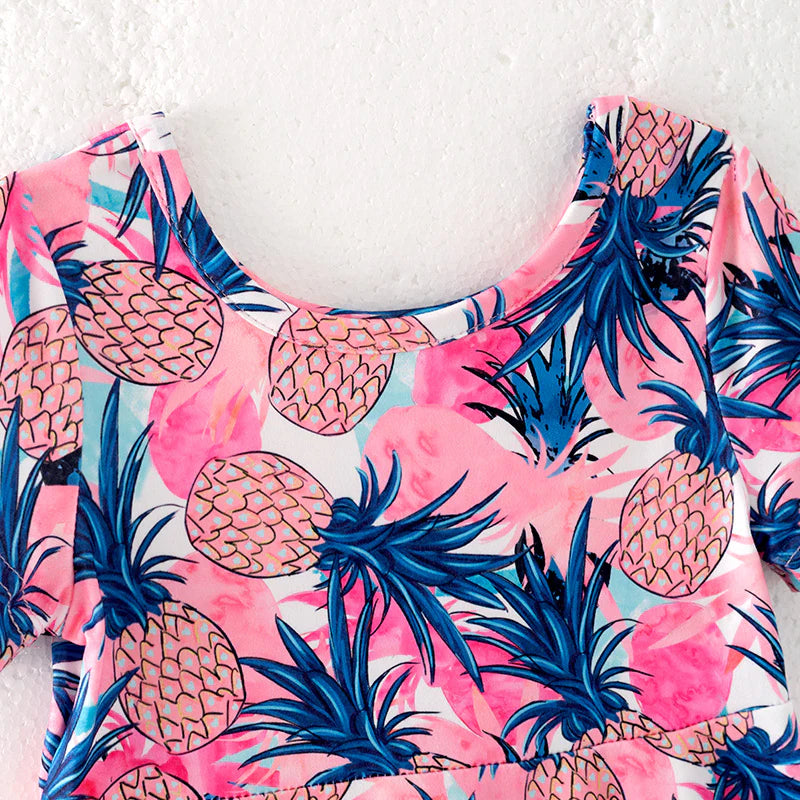 Girls Summer Pink Blue Pineapple Print Milk Silk Dress