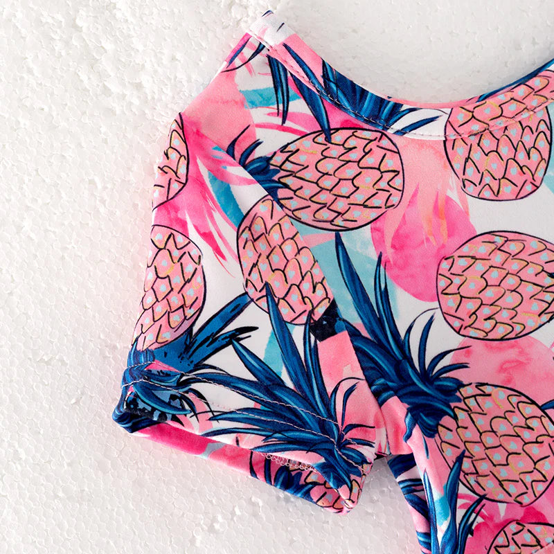 Girls Summer Pink Blue Pineapple Print Milk Silk Dress