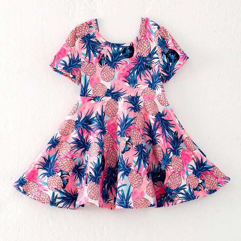 Girls Summer Pink Blue Pineapple Print Milk Silk Dress