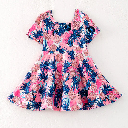 Girls Summer Pink Blue Pineapple Print Milk Silk Dress