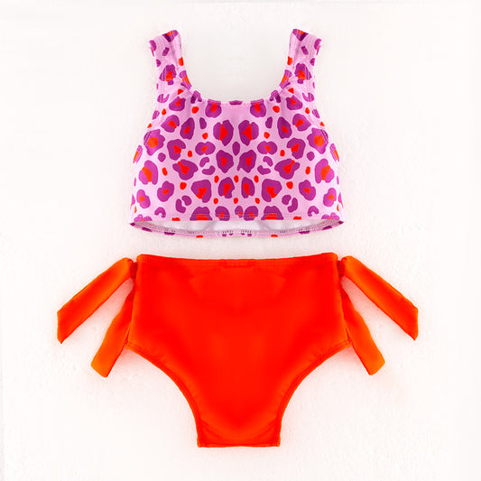 Girls 2 Pieces Summer Beach Pink Leopard Print Swimwear