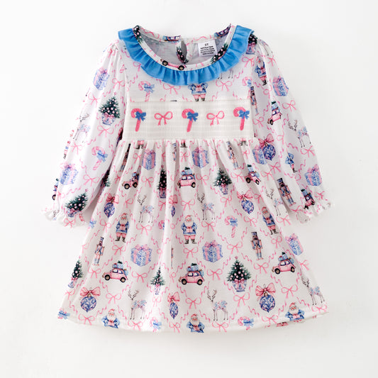 Girls Christmas Santa Bow Smocked Embroidery Custom Name Dress & Baby Set