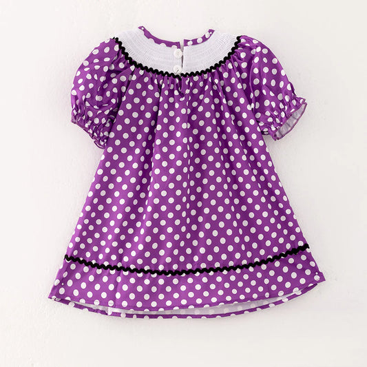 Girls Halloween Purple Dots Bat Embroidery Smocked Dress