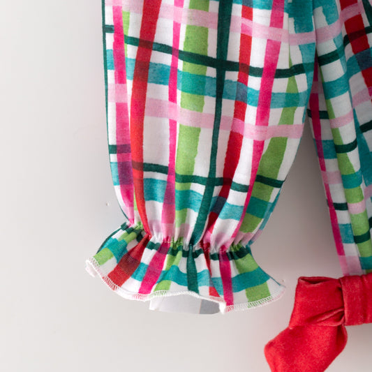 Christmas Custom Name Red Green Plaid Embroidery Smocked Romper