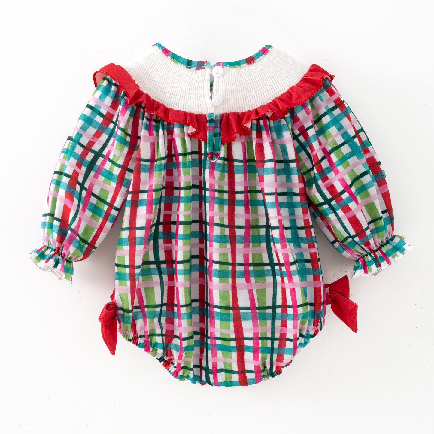 Girls Red Green Plaid Santa Christmas Tree Embroidery Smock Clothes