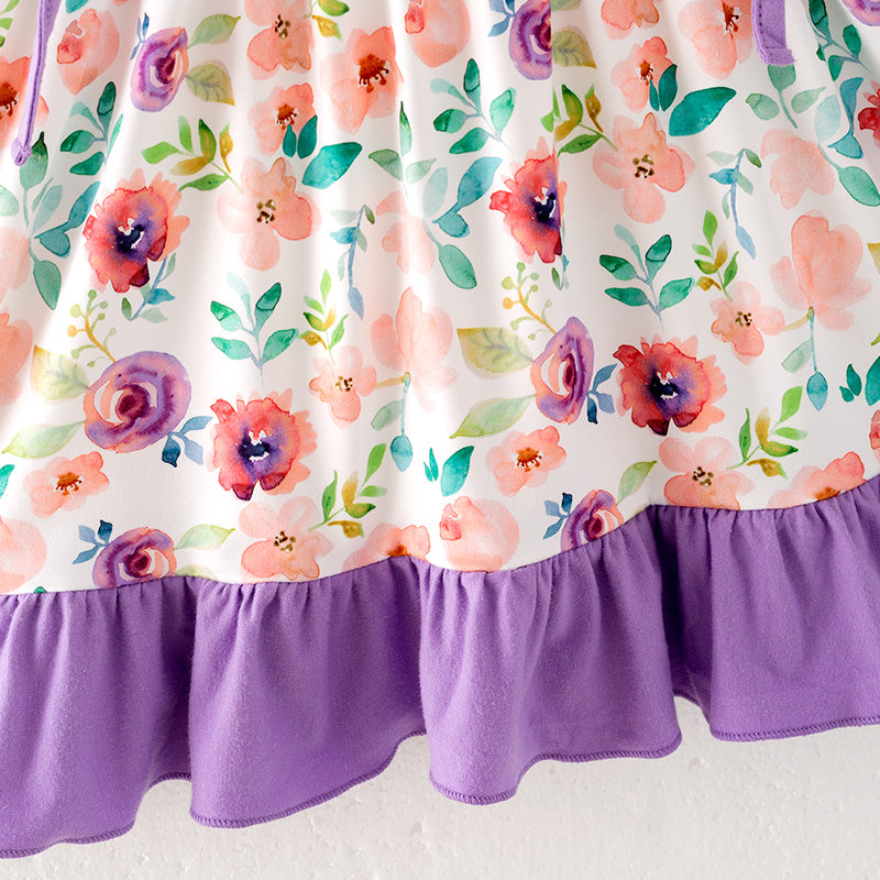 Summer Girls Purple Coral Floral Chick Embroidered Dress