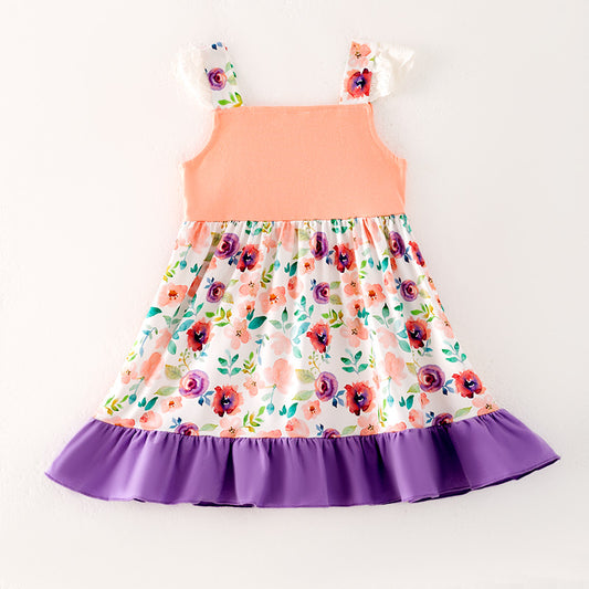 Summer Girls Purple Coral Floral Chick Embroidered Dress