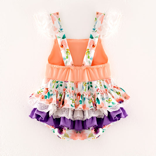 Baby Girls Purple Coral Floral Chick Embroidered Romper