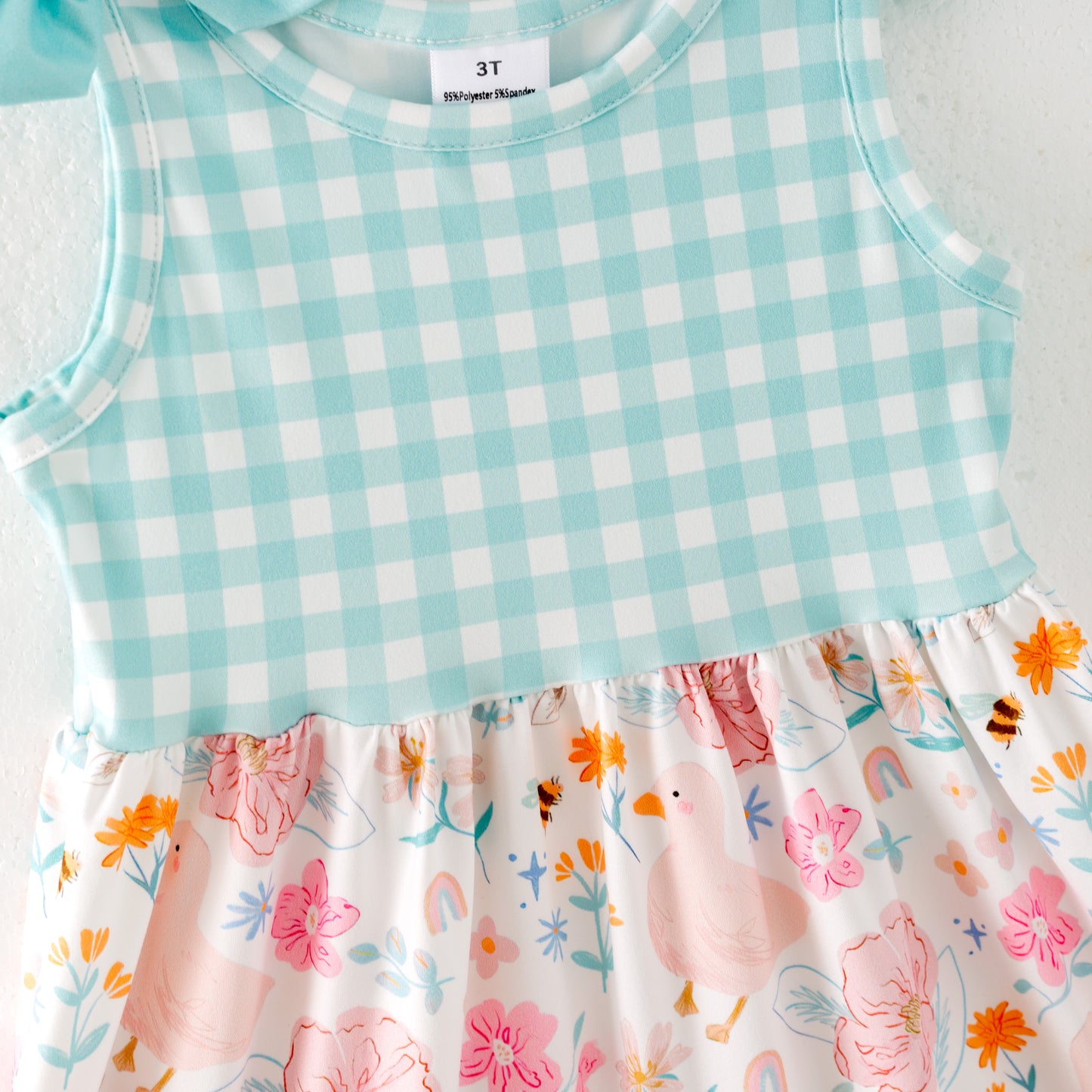 Girls Summer Mint Plaid Farm Print Dress