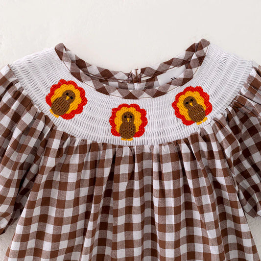 Girls Thanksgiving Day Turkey Embroidered Smock Plaid Dress