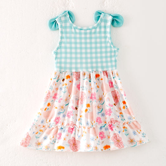 Girls Summer Mint Plaid Farm Print Dress
