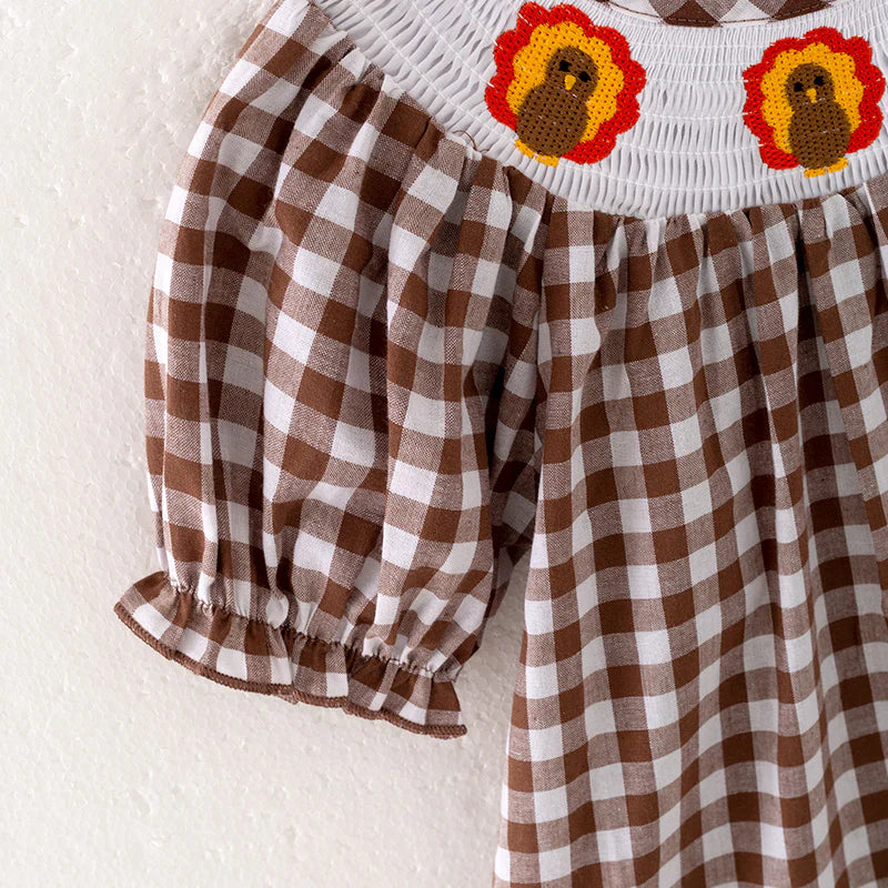 Girls Thanksgiving Day Turkey Embroidered Smock Plaid Dress