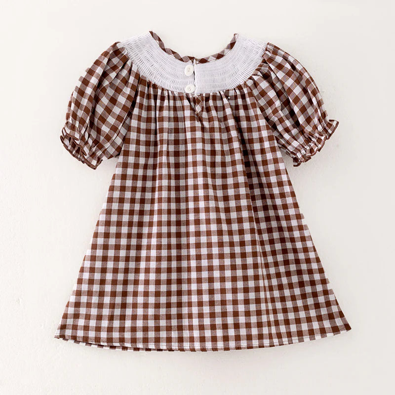 Girls Thanksgiving Day Turkey Embroidered Smock Plaid Dress