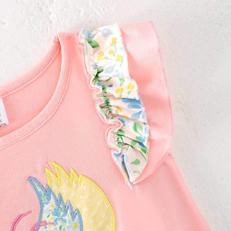 Girls Summer Farm Chick Embroidered Floral Ruffled Dress