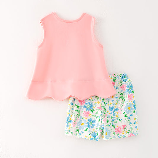 Girls Summer Farm Chick Embroidered Floral Short Set