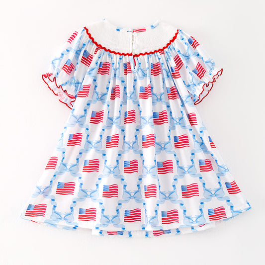 Girls July 4th Flag Bow Smocked Embroidered Red Blue Dress