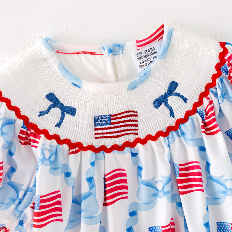 Baby Kids 4th OF July Flag Smocked Embroidered Red Blue Romper