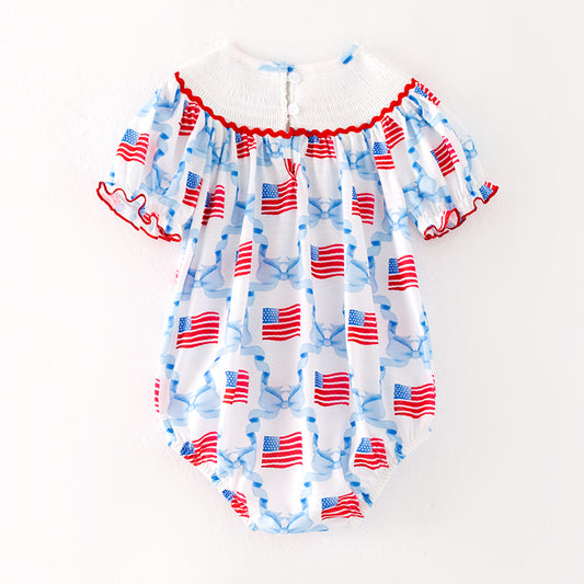 Baby Kids 4th OF July Flag Smocked Embroidered Red Blue Romper