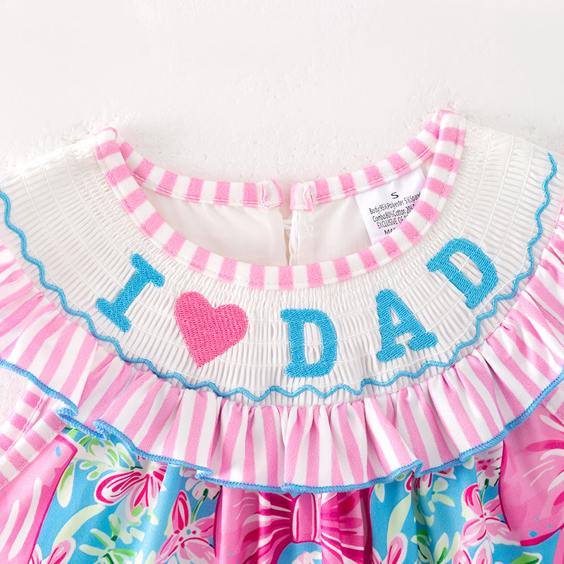 Summer Girls "I LOVE DAD" Smocked Embroidered Pink Bow Dress