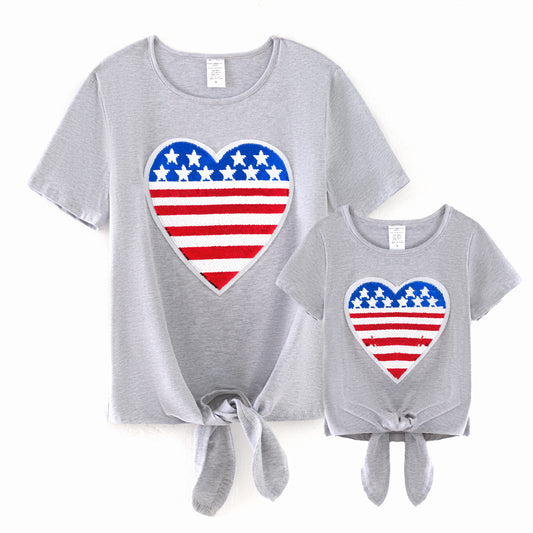 Mommy and Me July 4th Sequins Flag Heart Grey Cotton Shirt