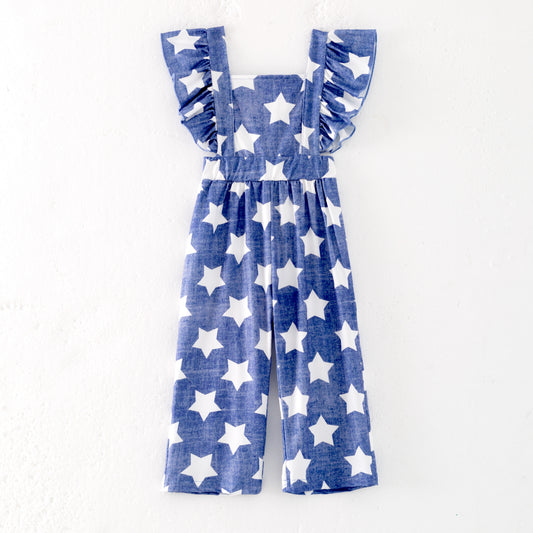 Girls Summer July 4th Star Blue Jumpsuit