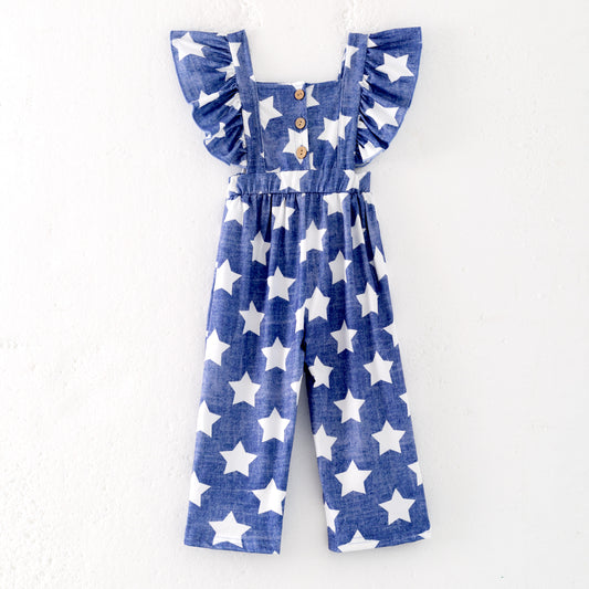 Girls Summer July 4th Star Blue Jumpsuit