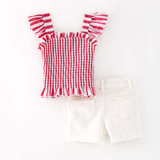 Girls July 4th Red Smocked Top Star Denim Short Set