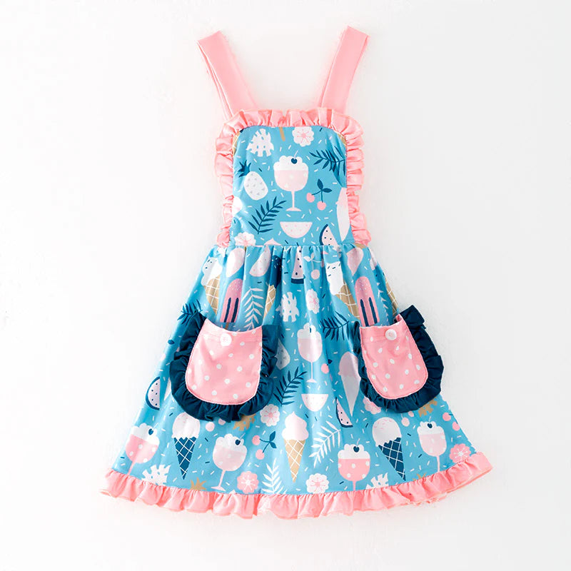 Girls Summer Print Soft Pocket Ruffled Dress