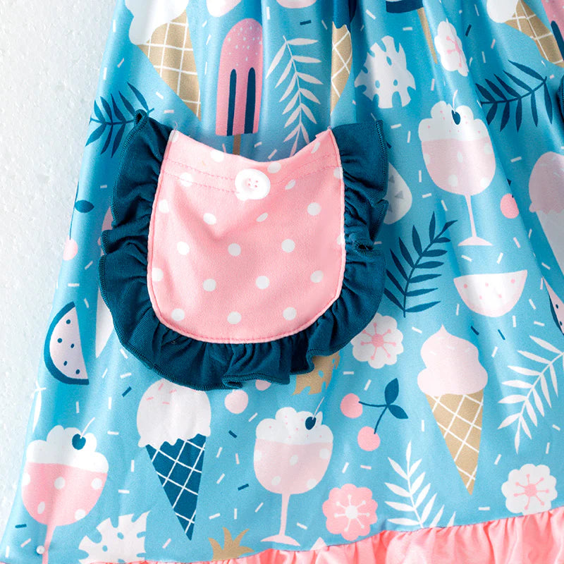 Girls Summer Print Soft Pocket Ruffled Dress