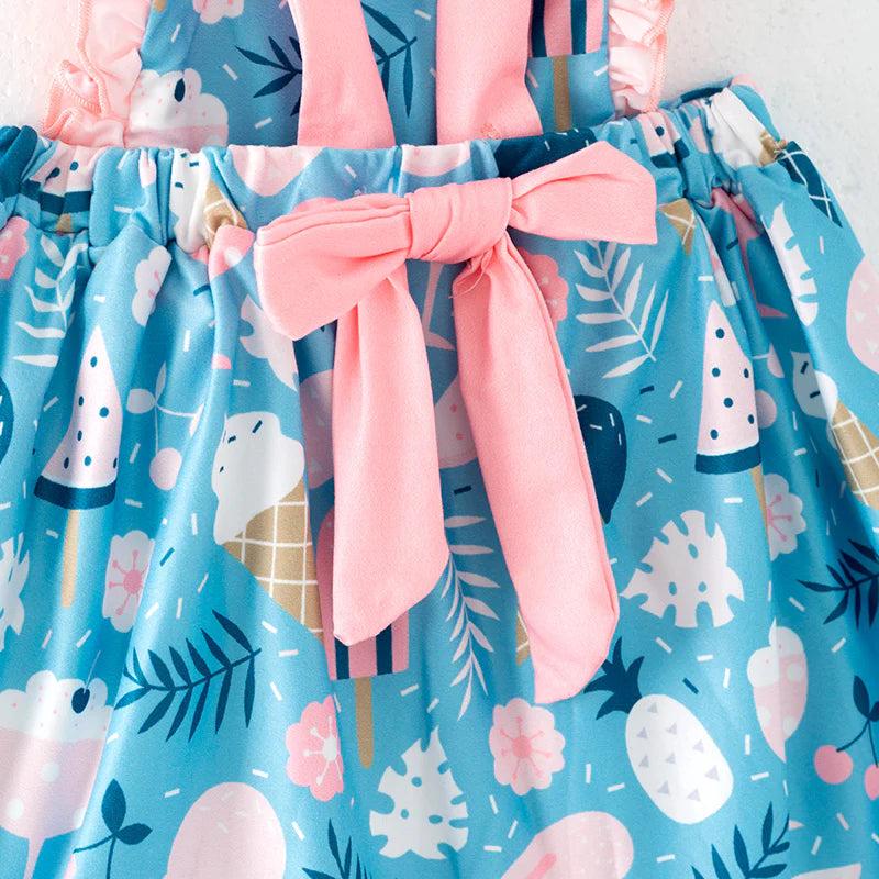 Girls Summer Print Soft Pocket Ruffled Dress