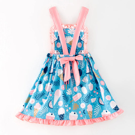 Girls Summer Print Soft Pocket Ruffled Dress