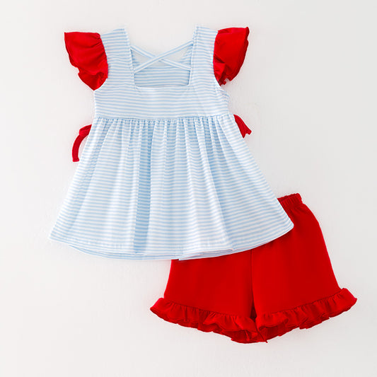 Girls July 4th Flag Bow Smocked Embroidered Short Set