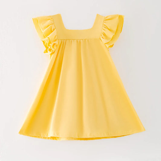 Girls Back To School Apple Bow Embroidered Yellow Cotton Dress