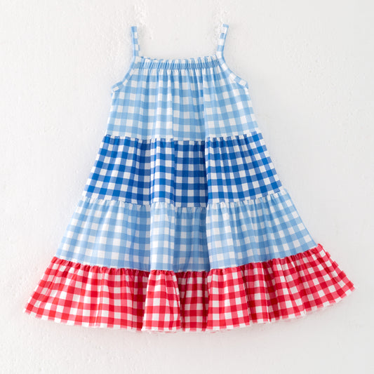 Girls Summer July 4th Red Blue Plaid Patchwork Dress