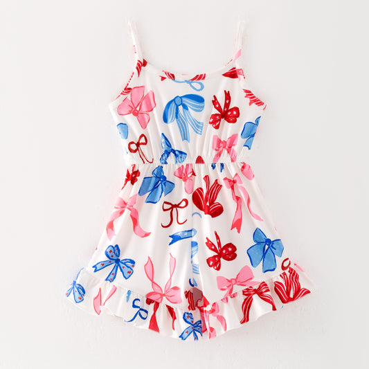 Girls Summer July 4th Red Blue Bow Print Jumpsuit
