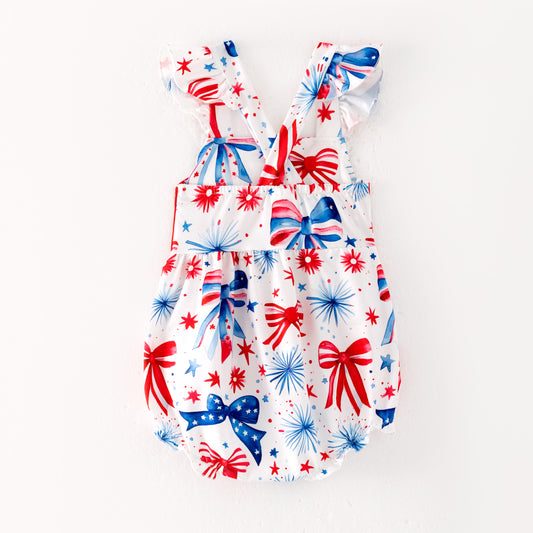 Baby Summer July 4th Red Bow Bubble Romper
