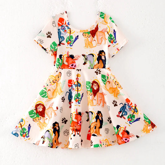 Girls Summer Cute Lion Cartoon Print Twirl Dress