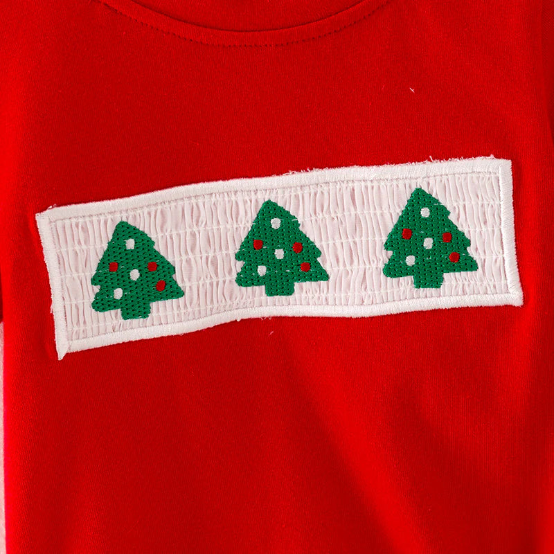 Boys Brother Christmas Tree Embroidery Smock Red Green Outfit