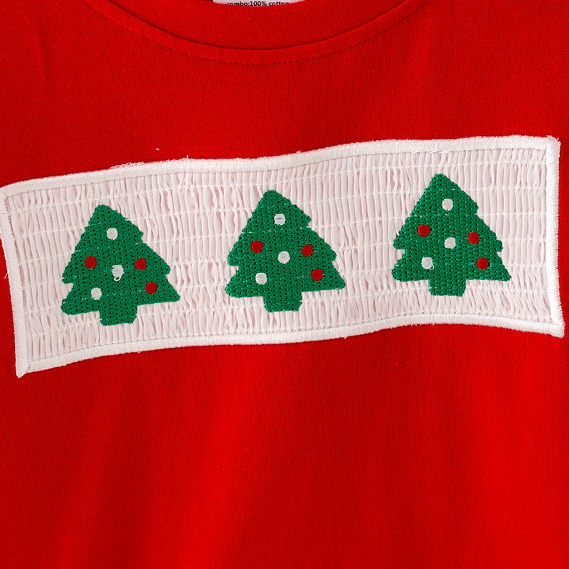 Boys Brother Christmas Tree Embroidery Smock Red Green Outfit