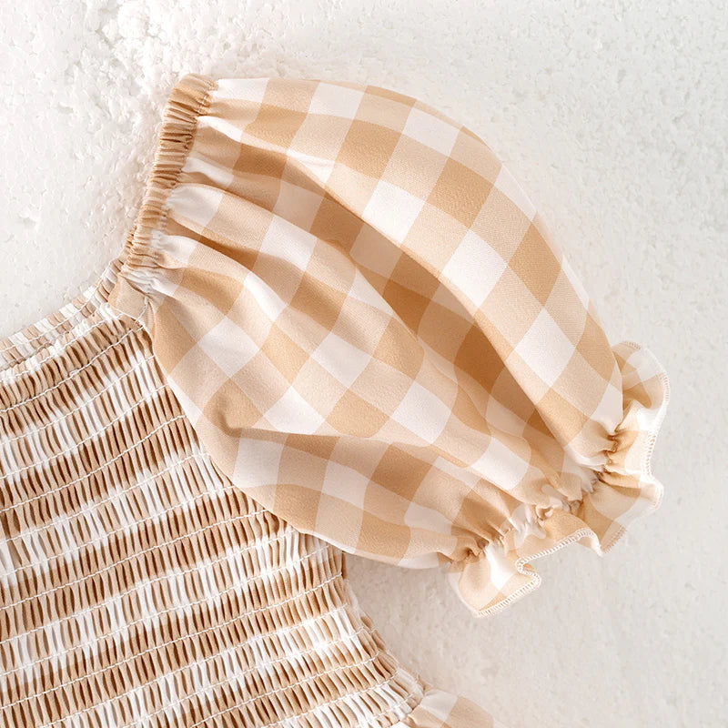 Girls Summer Plaid Smocked Patchwork Chiffon Dress