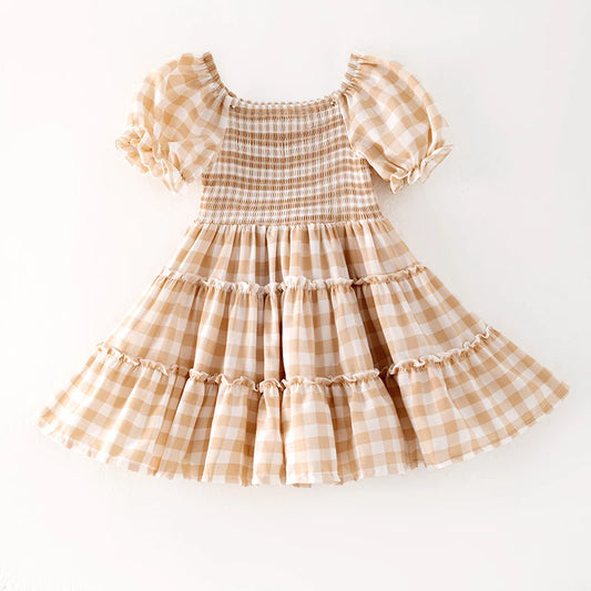 Girls Summer Plaid Smocked Patchwork Chiffon Dress