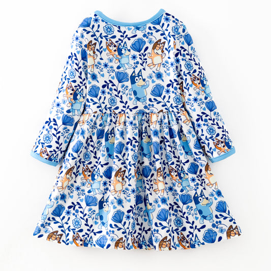 Girls Fall Bluey Cartoon Pocket Long Sleeves Twirl Dress