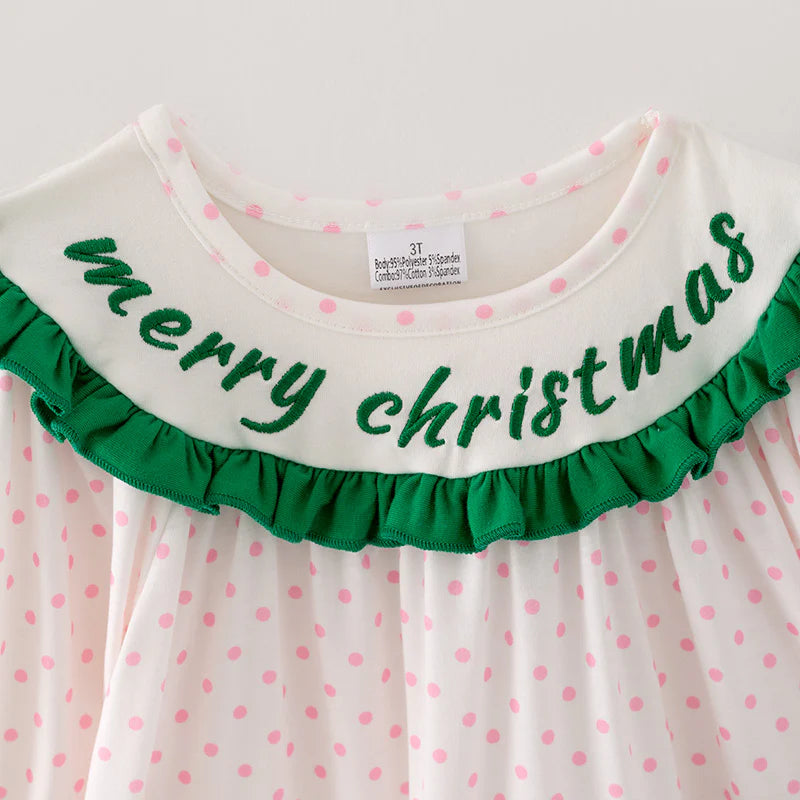 Girls Christmas Pink Dot Green Merry Christams Embroidery Set