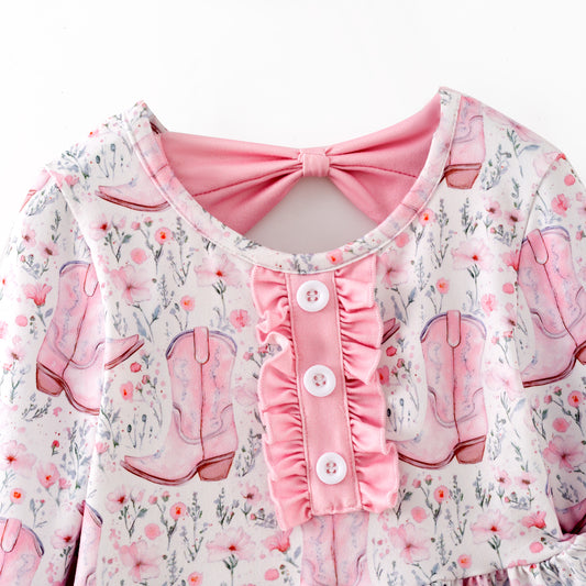 Girls Fall Pink Boots Pocket Long Sleeves Twirl Dress