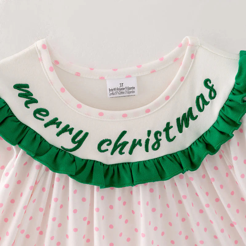 Girls Pink Dot Merry Christmas Embroidery Dress