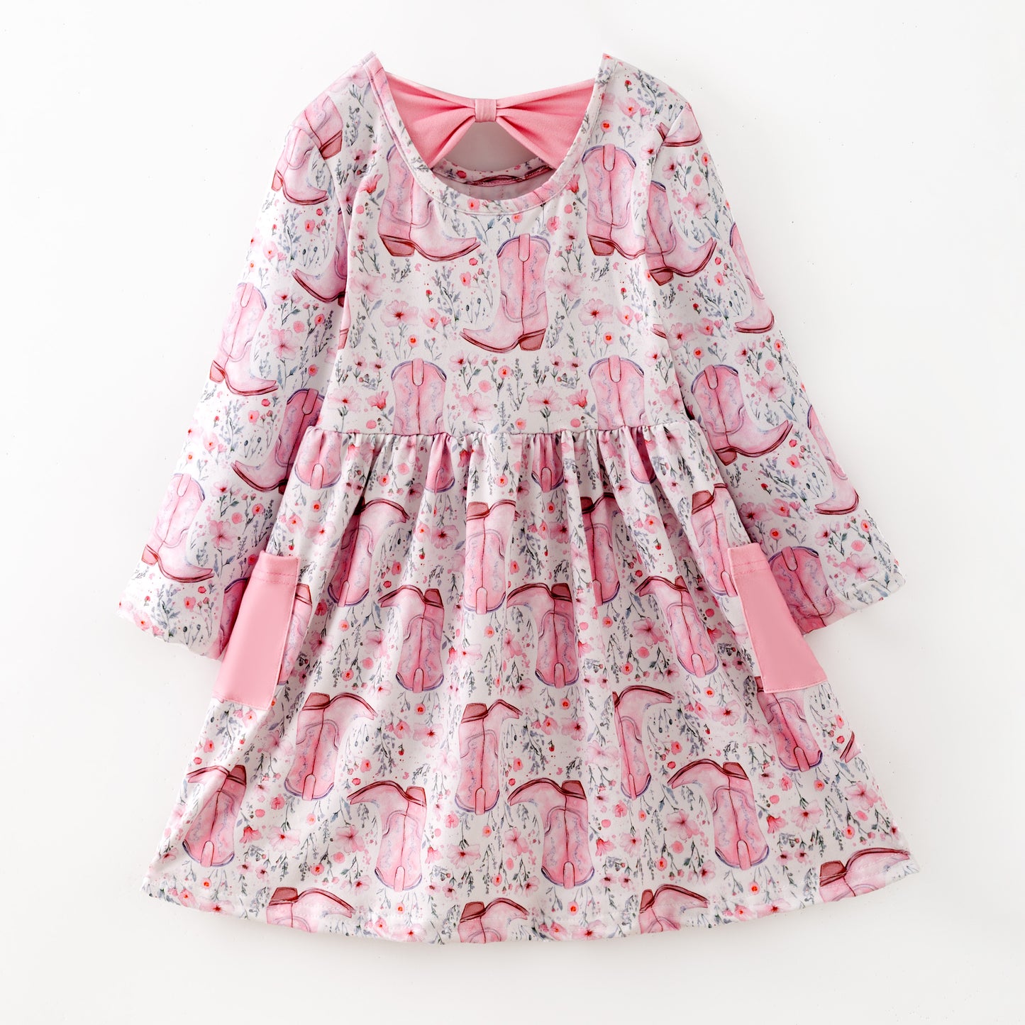 Girls Fall Pink Boots Pocket Long Sleeves Twirl Dress