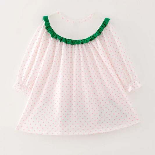 Girls Pink Dot Merry Christmas Embroidery Dress